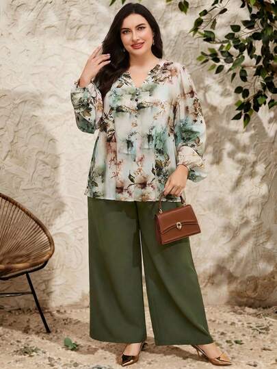 Al Najma Bộ đồ 2 mảnh dành cho nữ cỡ lớn, in họa tiết tie-dye, tay phồng và quần ống rộng, kiểu dáng thường ngày.