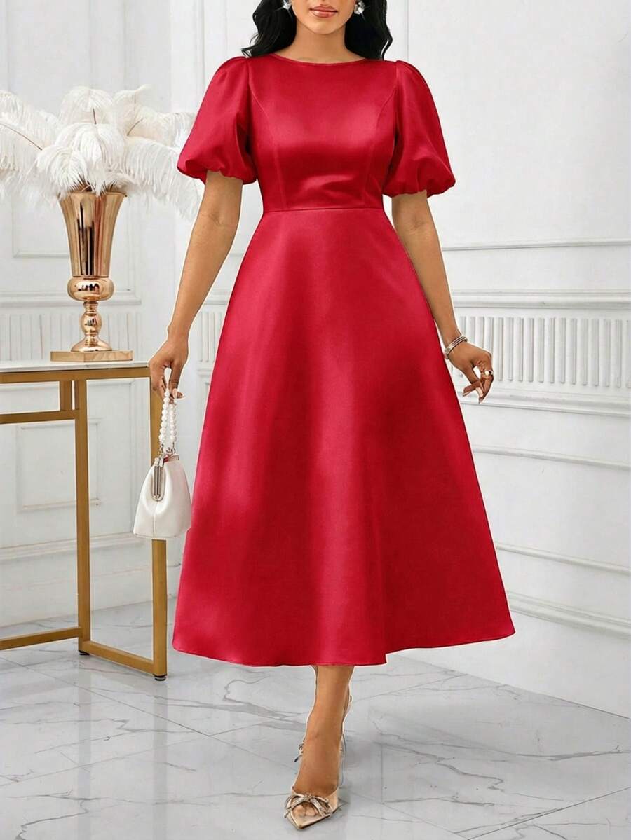 SHEIN Lady 女士优雅纯色泡泡袖连衣裙 春夏优雅长袖A字连衣裙 主教袖 白色婚礼情人节鸡尾酒会加大码连衣裙 演出服 舞会礼服 秋季女装 节日连衣裙 白色连衣裙 希腊女神连衣裙 白色毕业礼服 - 紅色 - 查看 1