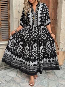 Ceyna Plus Size Black Boho Random Print A Line Long Dress For Women Notched Neck Three Quarter Puff Sleeve Flared Ruffle Hem Woven Fabric Bohemian Style - Black - View 3