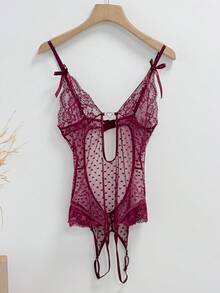 DAZY Adjustable Sheer Mesh Hollow-Out Sexy Bodysuit For Women - Burgundy - View 6