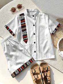 2pcs/Set Young Boy Casual Shirt + Shorts, Suitable For Summer - White - View 3