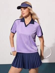 CourtClass Áo tennis nữ tay ngắn raglan cổ phối màu tương phản - Màu tím - Xem 5