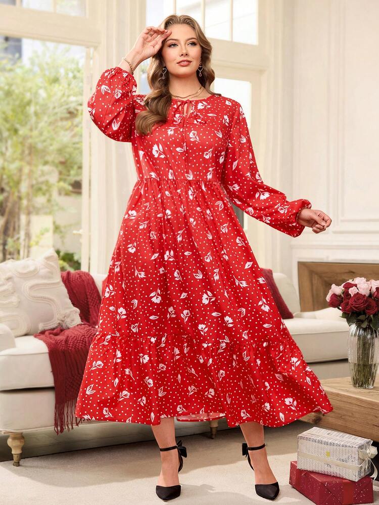 Plus Size Elegant Polka Dot & Floral Print Lantern Sleeve Dress Long Sleeve Summer Dresses Valentine Outfits For Women Spring Break Outfits Summer Holiday Outfits Carnival Weddings & Events Elegant Dress Women/Vacation Wedding Party Dress Spring To Summer
