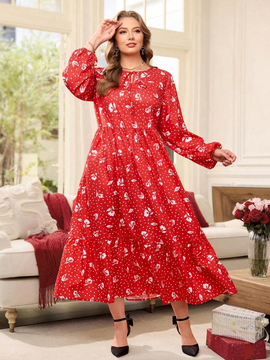 EMERY ROSE 大码优雅波点花卉印花灯笼袖连衣裙