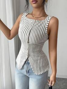 Selianne 女士时尚撞色条纹罗纹无袖圆领纽扣修身背心，优雅通勤风 - 杏色 - 查看 5