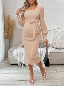 Cheriluna Maternity Maternity Knit Dress, Long Sleeve Solid Color Dress, Elastic Fabric, Autumn/Winter - Camel - View 4