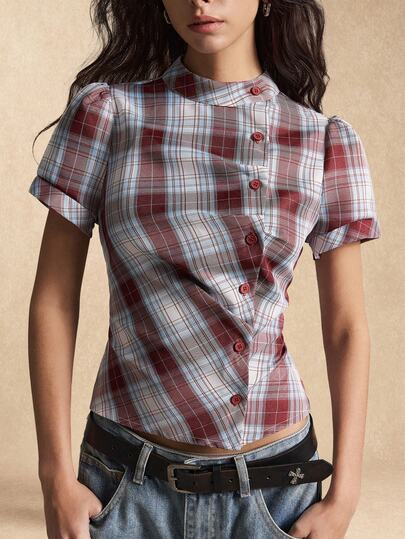 Easelle 复古休闲立领收腰格子女式衬衫