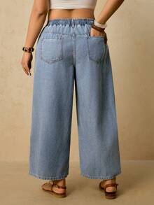 Travachic Plus Size Women Loose Straight Leg Jeans, Elastic Waist With Drawstring, Light Blue Washed, Straight Leg Pants - Light Wash - View 6