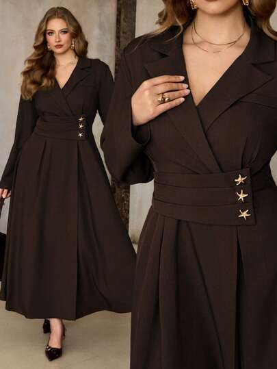 Roveilla فستان نسائي كبير الحجم من قماش التويد مع طوق وخصر مطوي وزخرفة نجمية، أكمام طويلة وقصة A-line، أنيق وفاخر بطراز فرنسي للمكتب والخروج، مناسب للارتداء في الشتاء والأعياد كالكريسماس والشكر والحفلات ورأس السنة