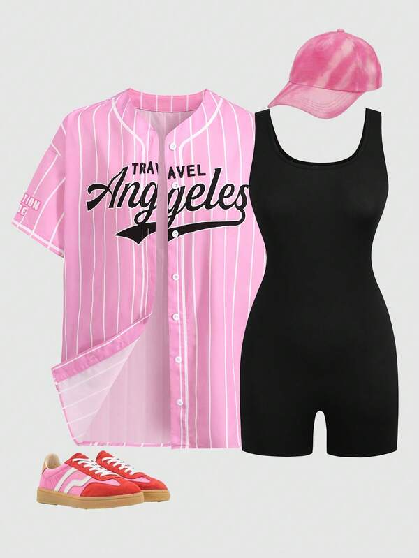 Girlism Kids Teen Girls' Pink & Black Sporty English Print Loose Casual Comfortable Versatile Collared Sleeveless Jumpsuit 2 Pieces Set Girls Vacay Sets 3 Piece Set Teen 3 Piece Set Girls 3 Piece Short Set