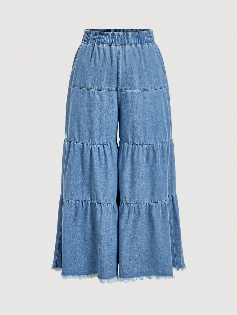 Sweetra Jeans holgados de talle elástico y pierna ancha de uso diario versátil para mujer de talla grande - Azul lavado medio - Ver 1