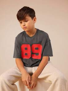 SUMWON Tween Boys Number Print T-Shirt Short Sleeve Crew Neck Cotton Jersey Regular Fit Casual Graphic Tee Vacation - Dark Grey - View 1