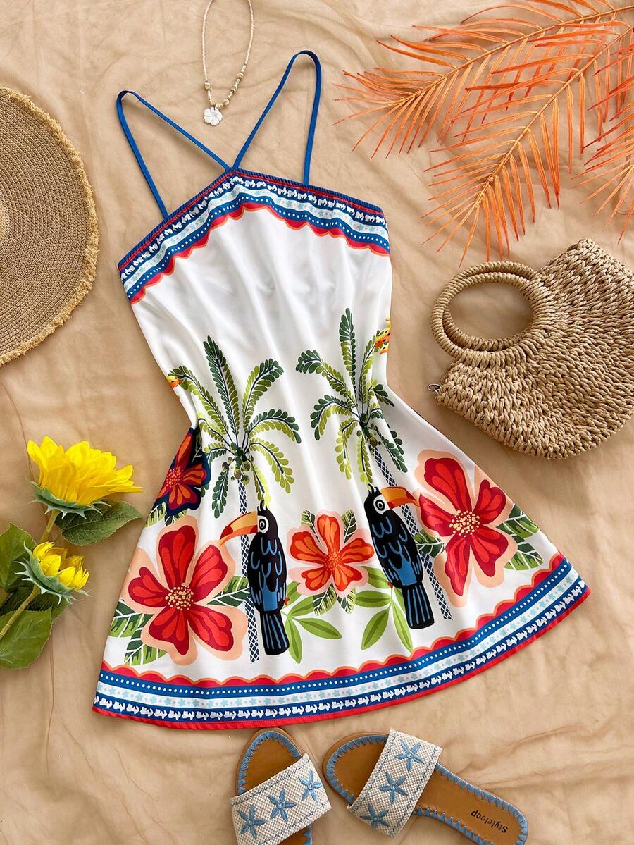 Soleia Casual Fashionable Printed Summer Sleeveless Dress, Tropical Vibe Dress, Women's Beach Slip Dress, Holiday Dress, Brazilian Tropical Vibe Holiday Printed, Women's Casual Dress - Multicolor - View 1