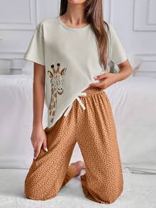 EURMUSE 100%Cotton 2Pcs Cotton Animal Print Shirt And Heart Printed Long Bottom PJ Set - White - View 4