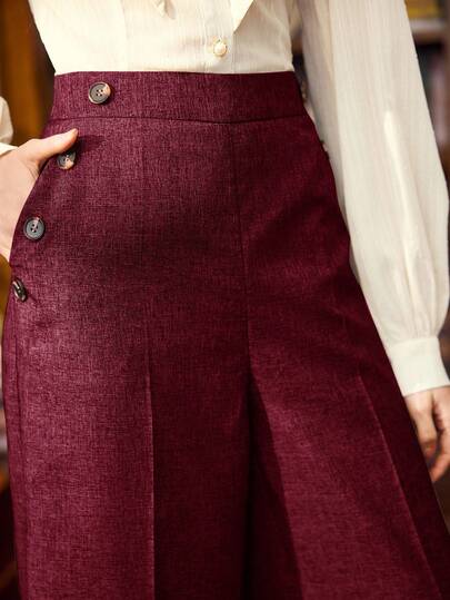 Vintamour Vintage Classic Elegant Women's Pants, Fitted Button Pocket Straight Leg Trousers, Coffee Color, Suitable For Summer And Autumn