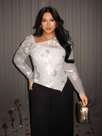 Firerie Plus Size Women's Elegant Romantic Exquisite Charming Fashion Daily Date Commute Urban Chic Versatile Asymmetrical Collar 3D Floral Textured Sheer Asymmetrical Hem Bodycon Long Sleeve 2 In 1 Tight Fit T-Shirt Top, Autumn/Winter Sheer Top Spring