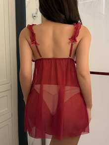 DAZY Bộ đồ ngủ hở lưng phối ren lưới mỏng trang trí nơ và quần lót dây chữ G, gợi cảm khi đi chơi - Màu Đỏ Sâu - Xem 2