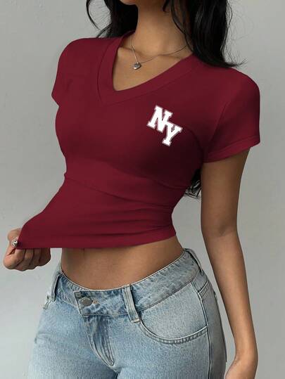 SHEIN EZwear Women's V-Neck Letter Print Casual Ruched T-Shirt, Summer V Neck Tops Red