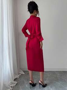 SHEIN Clasi Đầm sơ mi thường ngày tay dài xếp ly màu trơn cho nữ, mùa thu - Đỏ - Xem 2