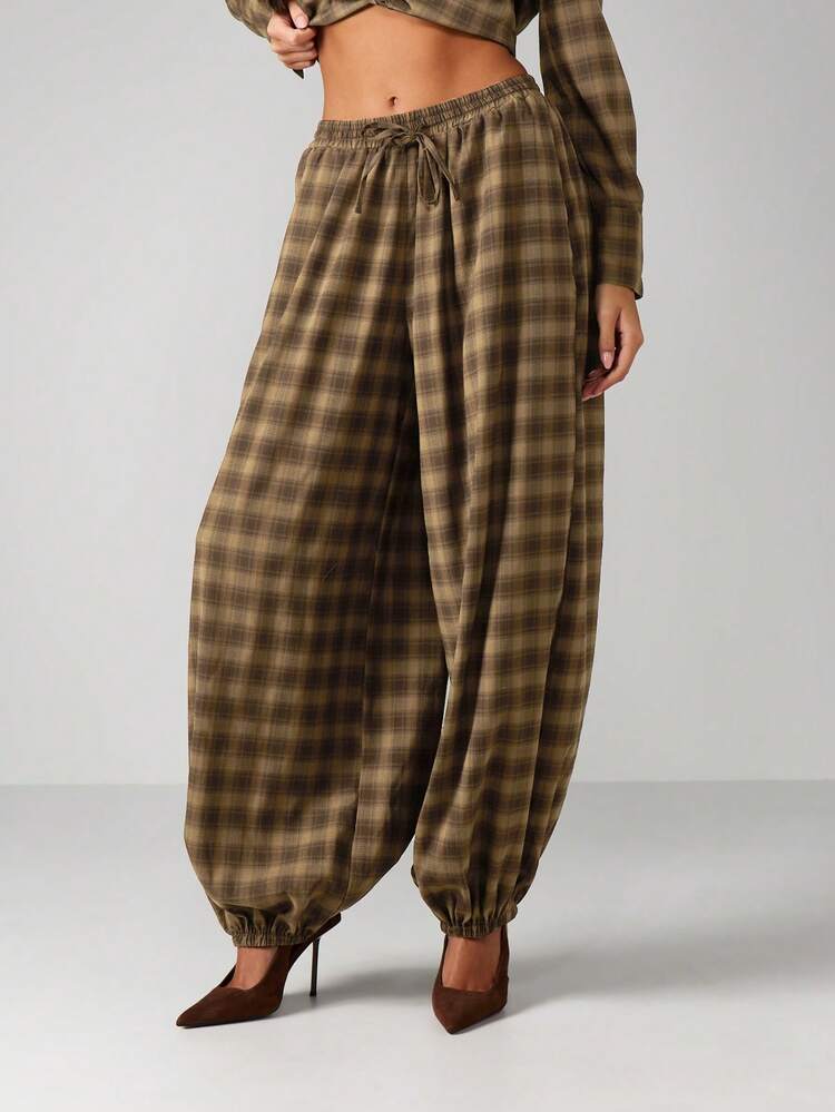 MISSGUIDED Women's Checkered Wide Leg Palazzo Balloon Pants High Waist Casual Fall Winter Comfortable Loose Fitting