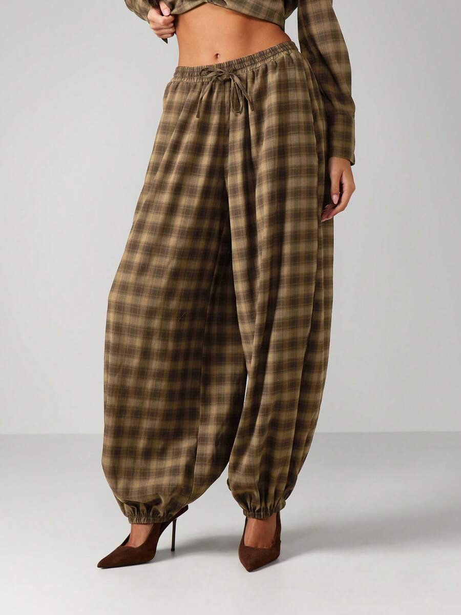 MISSGUIDED 女士格纹阔腿灯笼裤 高腰休闲秋冬舒适宽松版型 - 卡其色 - 查看 1