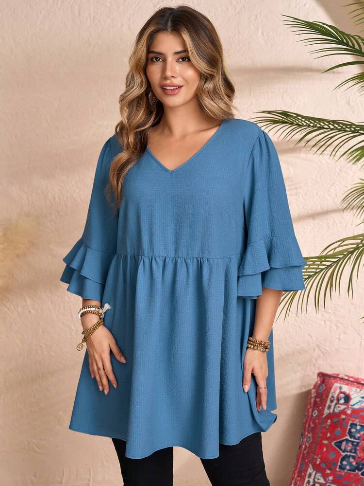 Plus Size Women V-Neck Ruffle Short Sleeve Loose Blouse,Vacation/Summer/Spring Country Style For Women Summer Holiday Spring Break Dusty Blue Women
