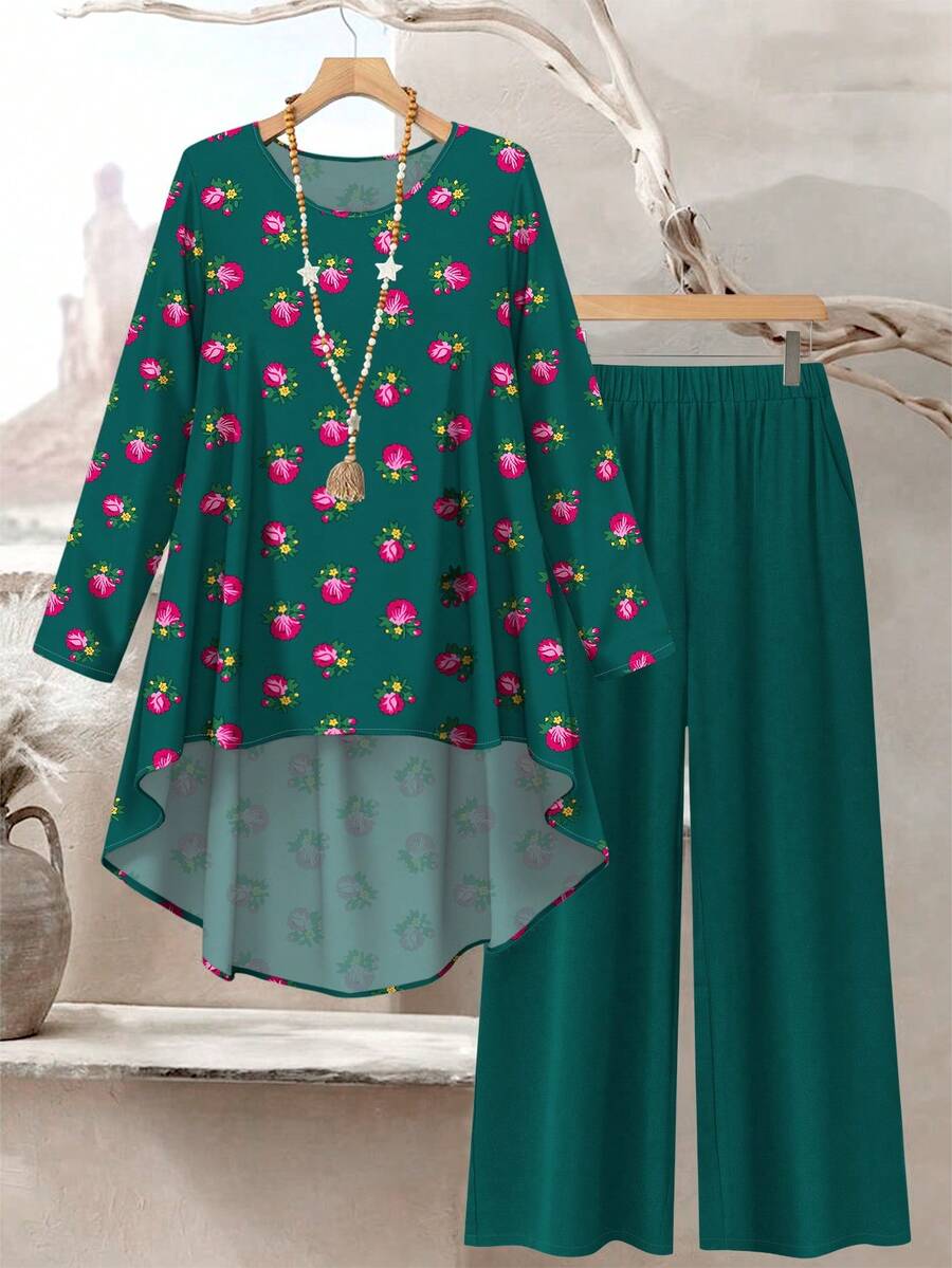 Lacomfia 女士加大码小碎花植物数码印花绿色春季时尚圆领长袖前短后长下摆宽松上衣和裤子两件套 - 彩色 - 查看 1