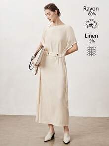 Aalyst Đầm dài tay kẻ caro bằng vải lanh dành cho nữ, thích hợp cho mùa xuân/hè, thanh lịch, đi làm, đi nghỉ mát, dự tiệc trà chiều, lãng mạn, cao cấp, thoải mái, thường ngày, cổ áo xếp ly, eo kiểu kén tằm. - Màu be - Xem 1