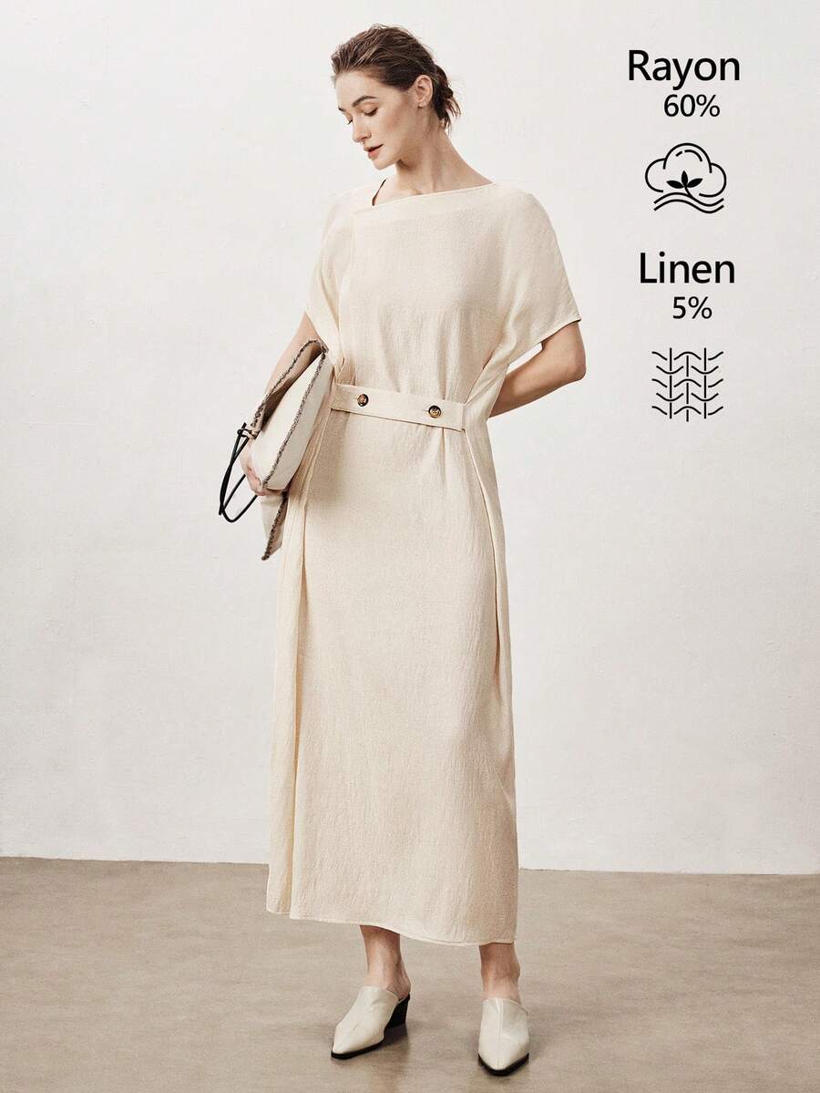 Aalyst Đầm dài tay kẻ caro bằng vải lanh dành cho nữ, thích hợp cho mùa xuân/hè, thanh lịch, đi làm, đi nghỉ mát, dự tiệc trà chiều, lãng mạn, cao cấp, thoải mái, thường ngày, cổ áo xếp ly, eo kiểu kén tằm. - Màu be - Xem 1