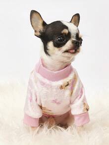 PETSIN 1件印花泰迪熊蝴蝶结法兰绒卫衣，宠物秋冬加厚保暖粉色款 - 粉色 - 查看 6