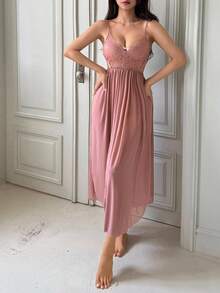 DAZY 透视蕾丝撞色网纱收腰高开衩露背吊带性感睡裙女士内衣 - 藕粉色 - 查看 7