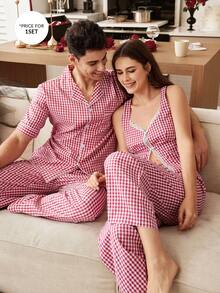 CoupledUp 情侣格子印花休闲INS风简约红色睡衣套装，适合居家穿着 - 紅色 - 查看 5