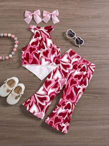 SHEIN Babygirl Casual Collared Sleeveless Asymmetrical Hem Heart Print Tank Top And Flare Pants Set - Multicolor - View 2