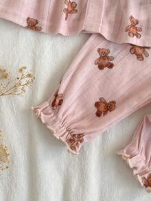 Loomiva Newborn Baby Boy/Girl Cartoon Bear Pattern Knit Soft Round Neck Ruffle Trim Long Sleeve Cardigan And Elastic Waist Pants 2-Piece Set Wildflower Baby Clothes Pajama Baby Set Baby Silk Pajamas Baby Pj Set