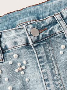 SHEIN MOD Women's Solid Color Faux Pearl Decor Slant Pocket Fashion Denim Skirt Denim Skirt Mini Rhinestone Skirt Mini Skirt Pearl Skirt - Blue - View 4