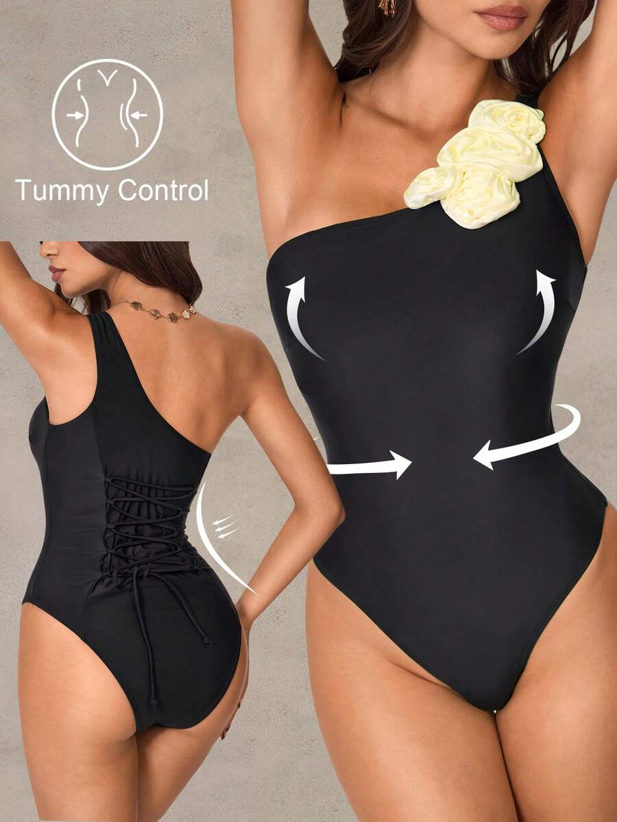 Shapewave Women's Black Summer Elegant One Piece Swimsuit,Holiday Beach One Shoulder Tummy Control Bathing Suit,Floral Halter Backless Ruffle Shapewear Swimwear - Multicolor - View 1