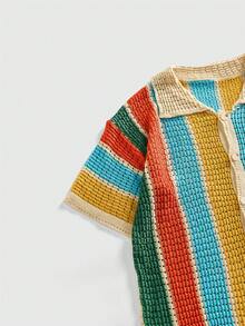 ROMWE MEN Street Life Men's Striped Lapel Single-Breasted Hollow Casual Versatile Daily Wear Knit Short Sleeve Top - Multicolor - View 4