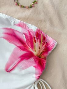 SHEIN Tween Girls White Knit Floral Print Asymmetrical Hem Tube Top Camisole With Drawstring, Spring/Summer - White - View 4