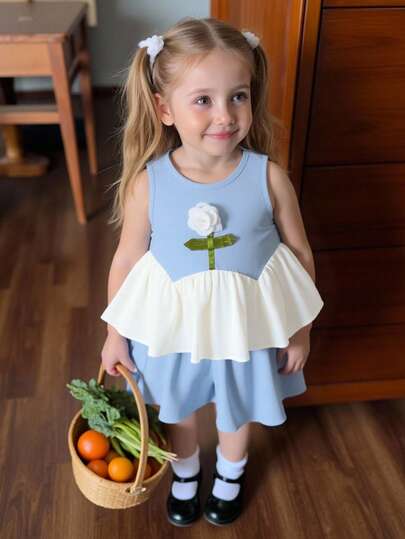 2pcs/Set Toddler Girls' Short Sleeve Sleeveless Top And Loose Pants, Bow Decor, Colorblock, Casual, Cute, School Style, Spring/Summer