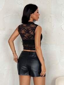 SHEIN PETITE Black Lace Crew Neck Cropped Fitted Sexy Camisole For Women - Black - View 2