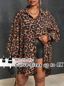 SHEIN CURVE+ Curve 尺码 US22 音乐节、海滨度假、波西米亚秋季优雅豹纹落肩纽扣衬衫 豹纹猎豹印花 - 彩色 - 查看 1