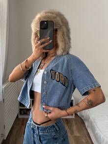 StreetHx Women's Retro Embroidered Baseball Jacket, Short Denim Jacket And Coat - Light Wash - View 5