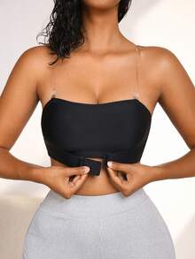 NudeFit 2件套无肩带防滑吊带文胸套装，配可拆卸透明肩带和乳贴，夏季 - 黑與白 - 查看 1