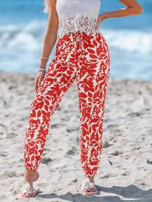 Sylviya 荷叶边松紧腰系带蝴蝶结高腰哈伦裤，花卉印花休闲假日优雅街头服饰 - 紅色 - 查看 4