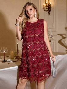 Auralis 大码女装时尚，优雅舒适宽松亮片黑色无袖性感透视连衣裙，派对礼服，女士性感夜店礼服，嘉年华礼服，串珠礼服，黑色连衣裙，女士演唱会礼服，派对礼服 - 酒紅色 - 查看 4