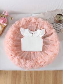 SHEIN Baby Girls' Elegant Luxurious Cute Pink Tulle Puff Skirt, Suitable For Party, Spring/Summer - Coral Pink - View 6