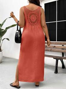 SHEIN Frenchy 大码休闲度假V领蕾丝拼接开衩连衣裙 - 玫瑰紅 - 查看 4