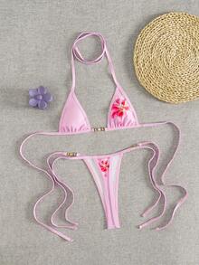 Swim Vcay 2件套女士新款印花细肩带露背超三角比基尼上衣和丁字裤性感比基尼套装 - 粉色 - 查看 6