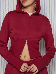 COUREZ 短款修身拉链连帽衫 / Y2K 春季女装 舒适街头风 红色连帽衫 性感时尚休闲装 外出装 生日装 - 紅色 - 查看 7