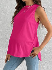 SHEIN Maternity Solid Color Round Neck Casual Loose Fit Tank Top - Hot Pink - View 4